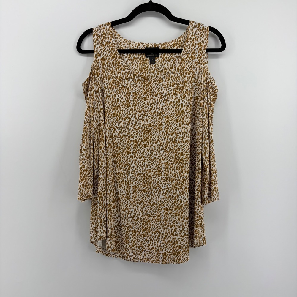 JM Collection Cold Shoulder Top Tan White Women Size Medium Animal Print Stretch